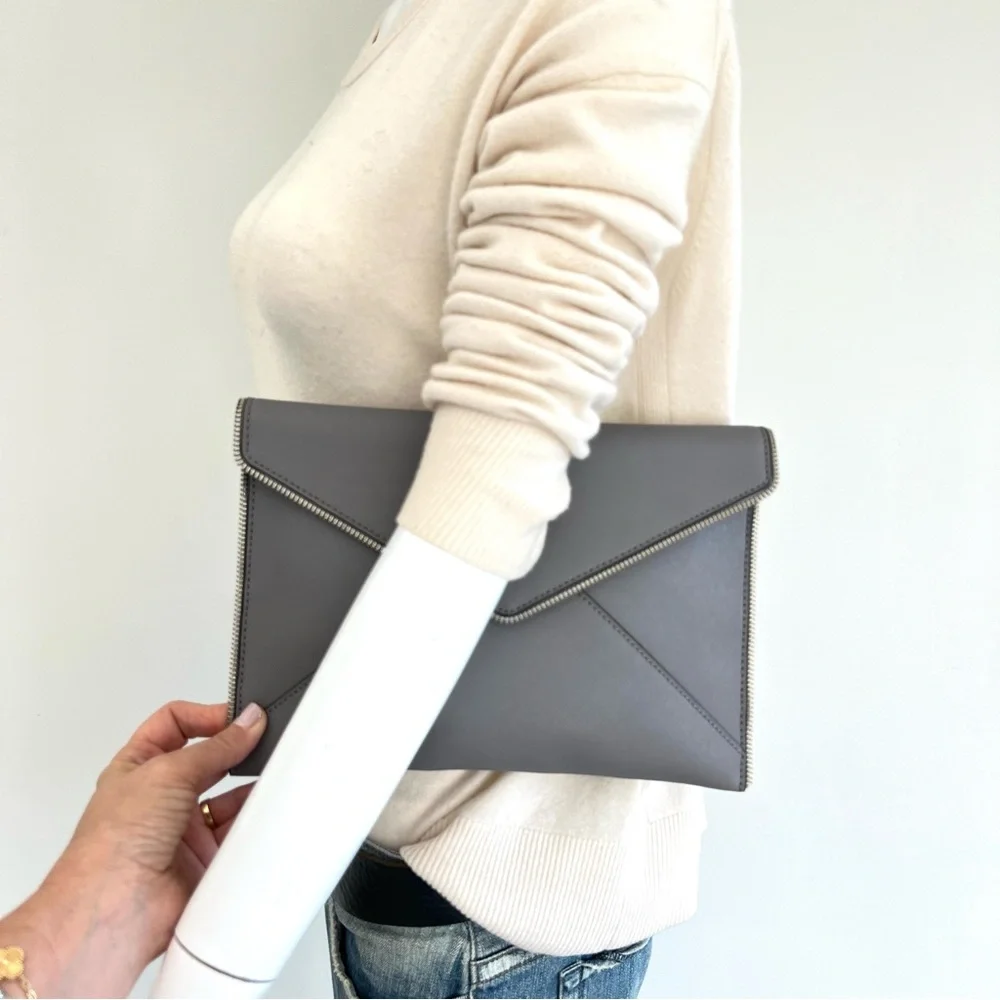 REBECCA MINKOFF Leo Gray Safiano Structure Leather Zipper Accent Envelope Clutch